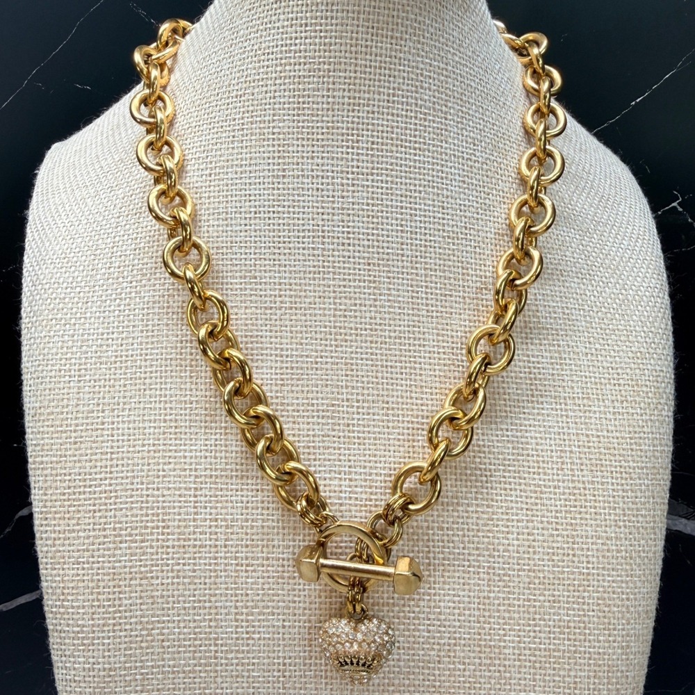 Vintage Juicy Couture Gold Tone Pave Crown Heart Toggle Necklace 20" Y2K